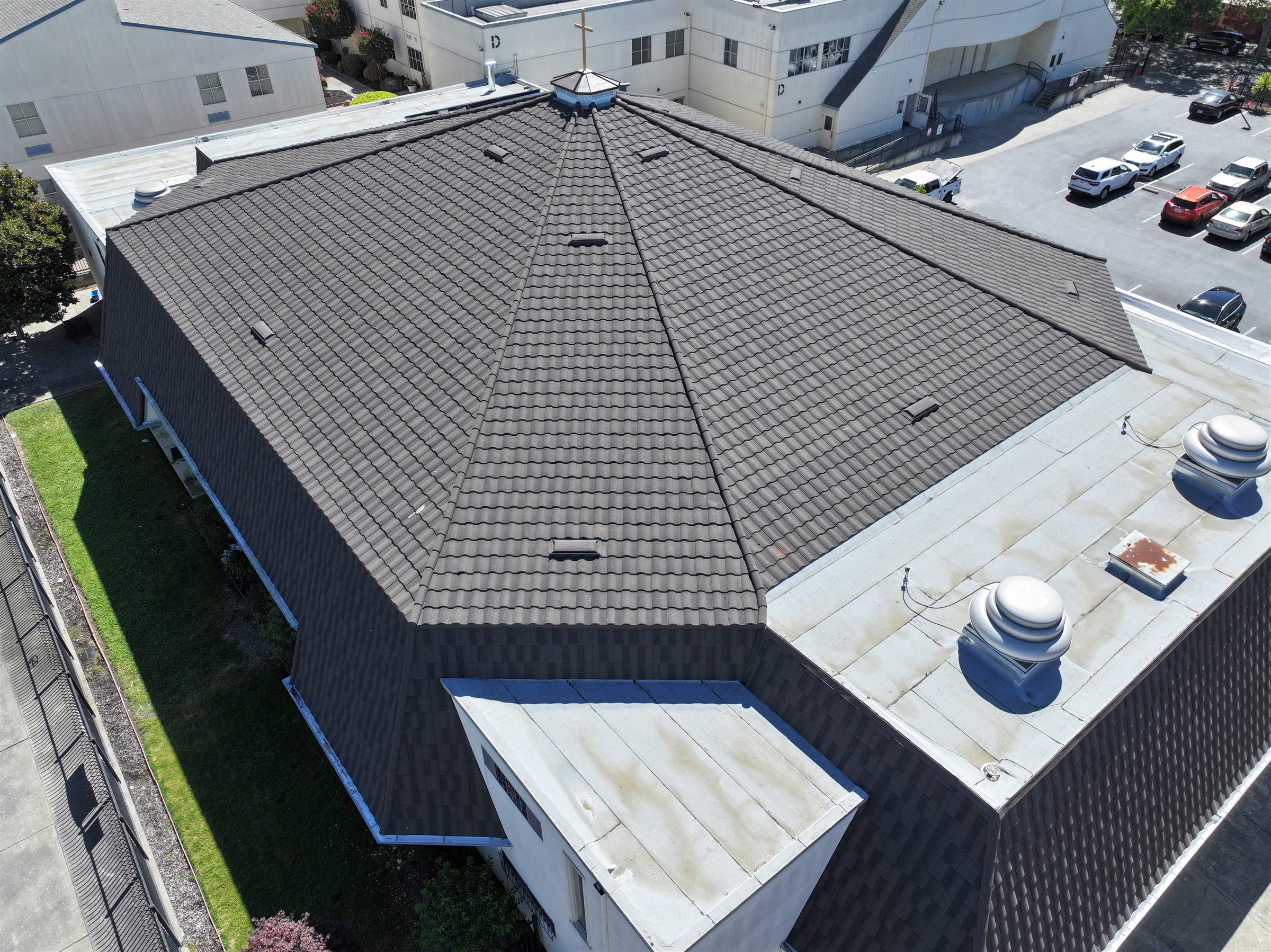 Commercial roofing project aerial view